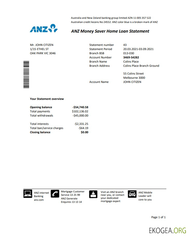 Modèle de relevé bancaire de preuve d'adresse Australie ANZ au format Excel et PDF